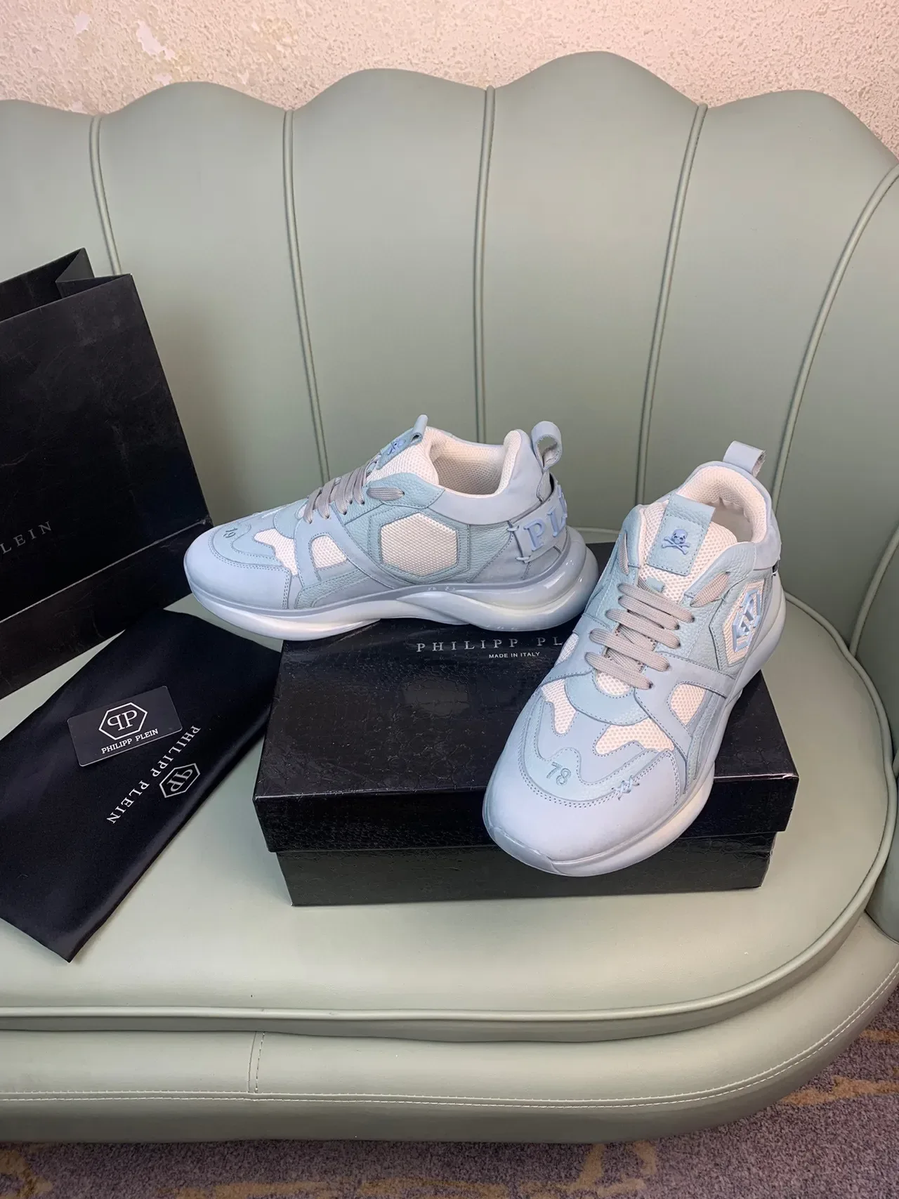 Philipp Plein Embellished Light Blue Leather-Mesh Sneakers 8