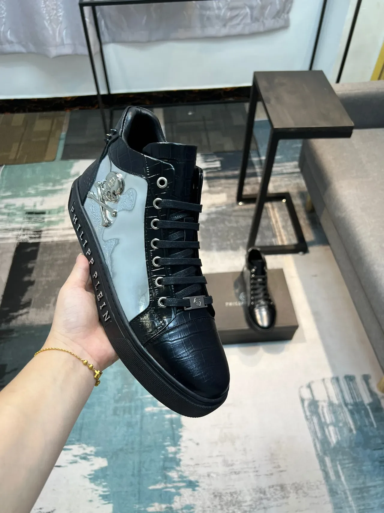 Philipp Plein Sneakers Hautes Noir Argent Cuir Crocodile Embossé Style de Vie 6