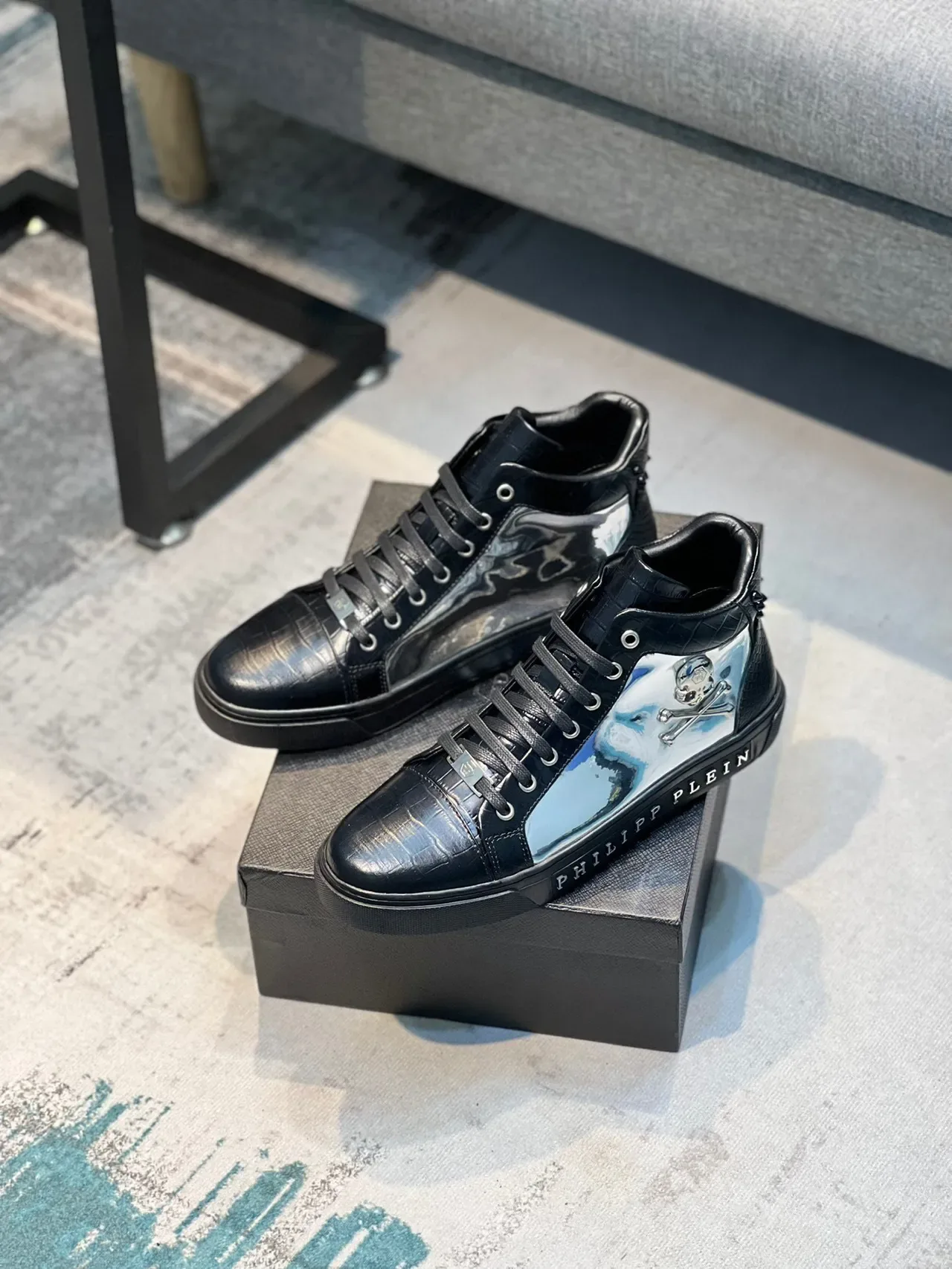 Philipp Plein Sneakers Hautes Noir Argent Cuir Crocodile Embossé Style de Vie 8
