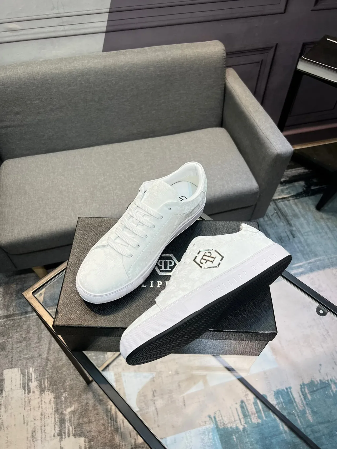 Philipp Plein Tênis Lifestyle Branco Prata Baixo Texturizado Camurça Tênis Lifestyle 2