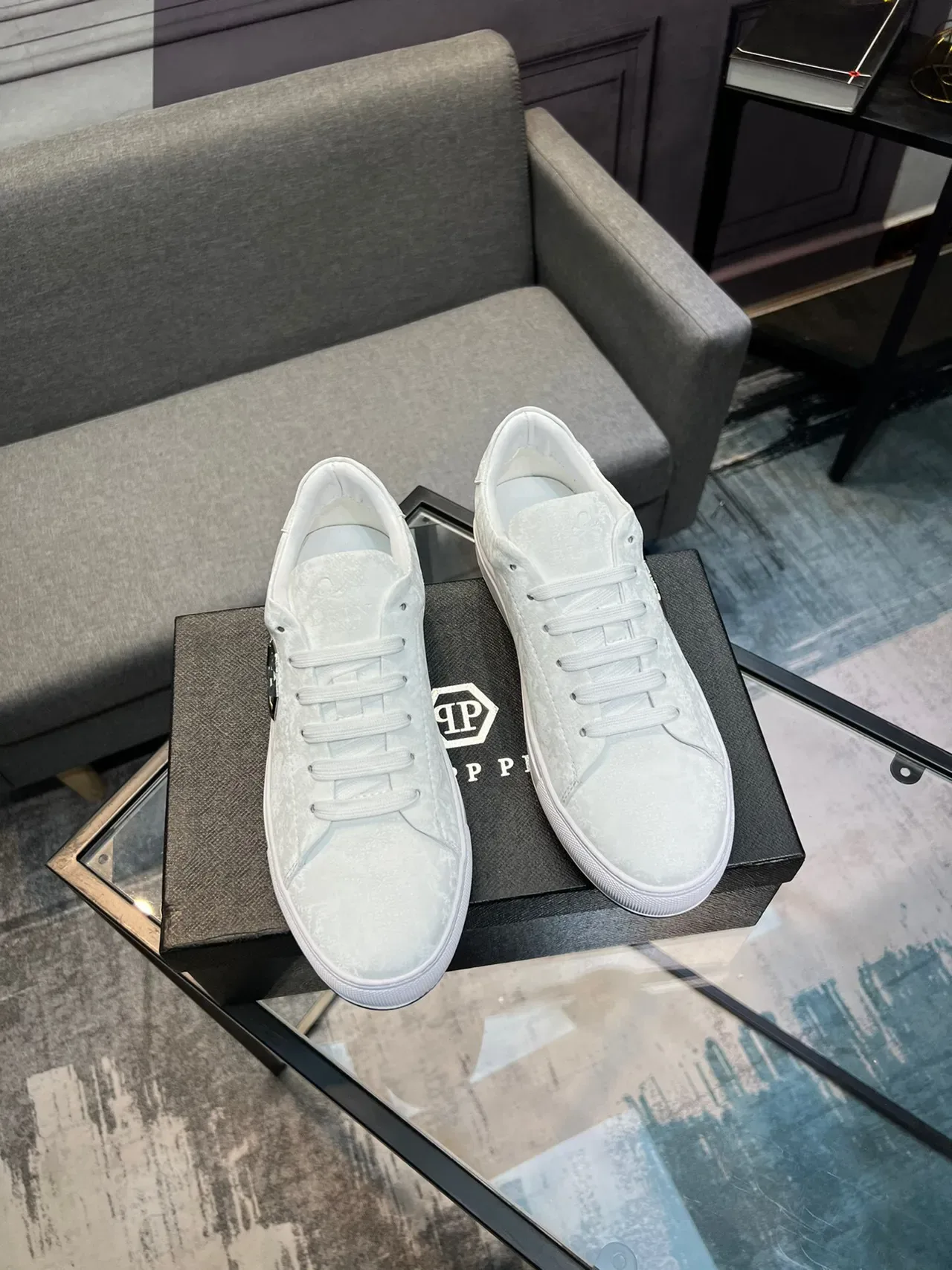 Philipp Plein Tênis Lifestyle Branco Prata Baixo Texturizado Camurça Tênis Lifestyle 5