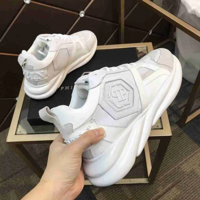 Philipp Plein أبيض رمادي كعب منصة مواد مختلطة علوية حذاء رياضي سميك 3