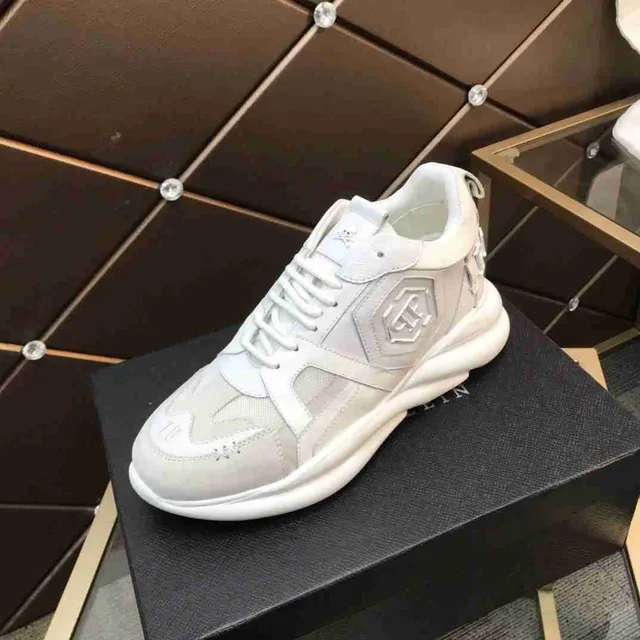 Philipp Plein أبيض رمادي كعب منصة مواد مختلطة علوية حذاء رياضي سميك 5