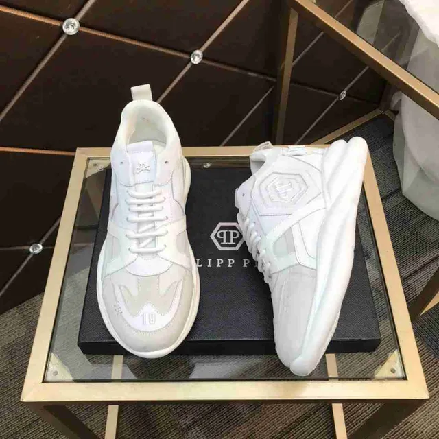 Philipp Plein أبيض رمادي كعب منصة مواد مختلطة علوية حذاء رياضي سميك 6