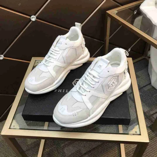 Philipp Plein أبيض رمادي كعب منصة مواد مختلطة علوية حذاء رياضي سميك 7