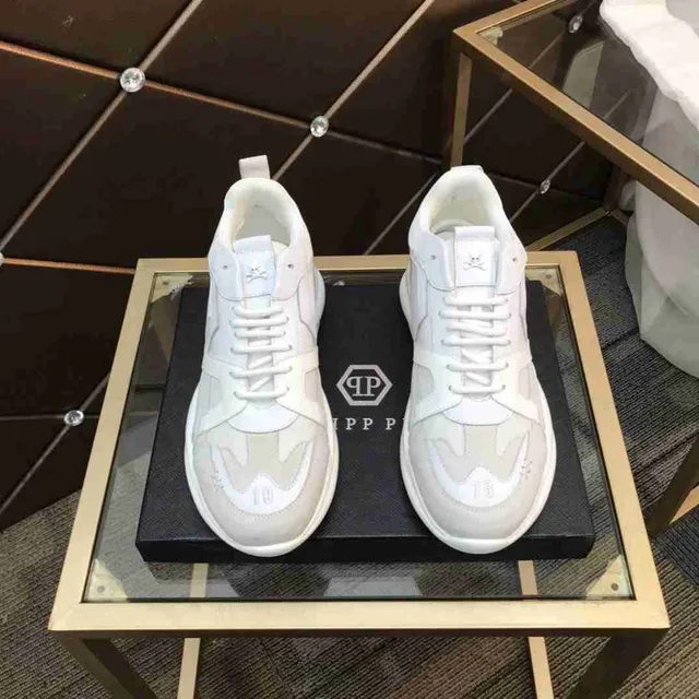 Philipp Plein أبيض رمادي كعب منصة مواد مختلطة علوية حذاء رياضي سميك 8