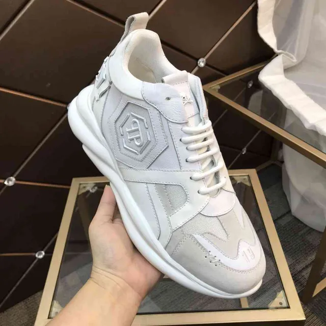 Philipp Plein أبيض رمادي كعب منصة مواد مختلطة علوية حذاء رياضي سميك 9