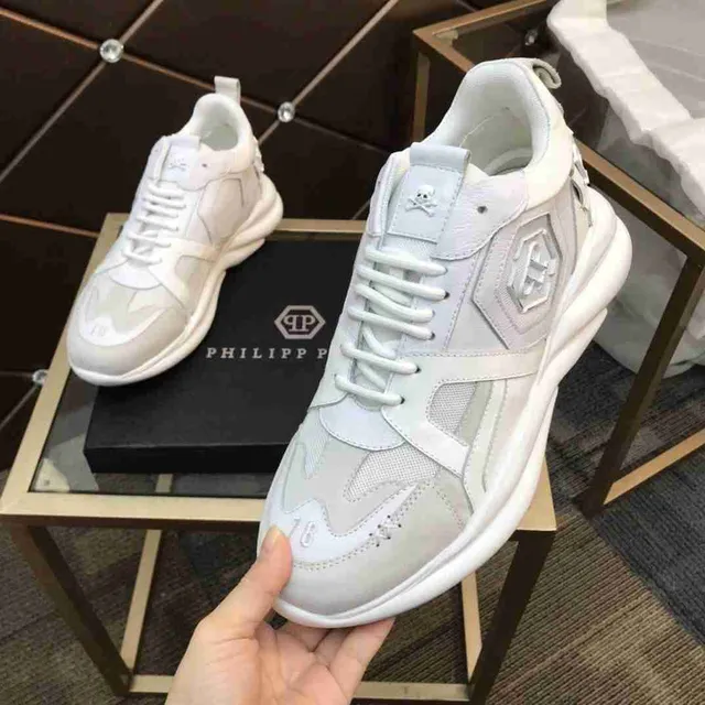 Philipp Plein أبيض رمادي كعب منصة مواد مختلطة علوية حذاء رياضي سميك 10