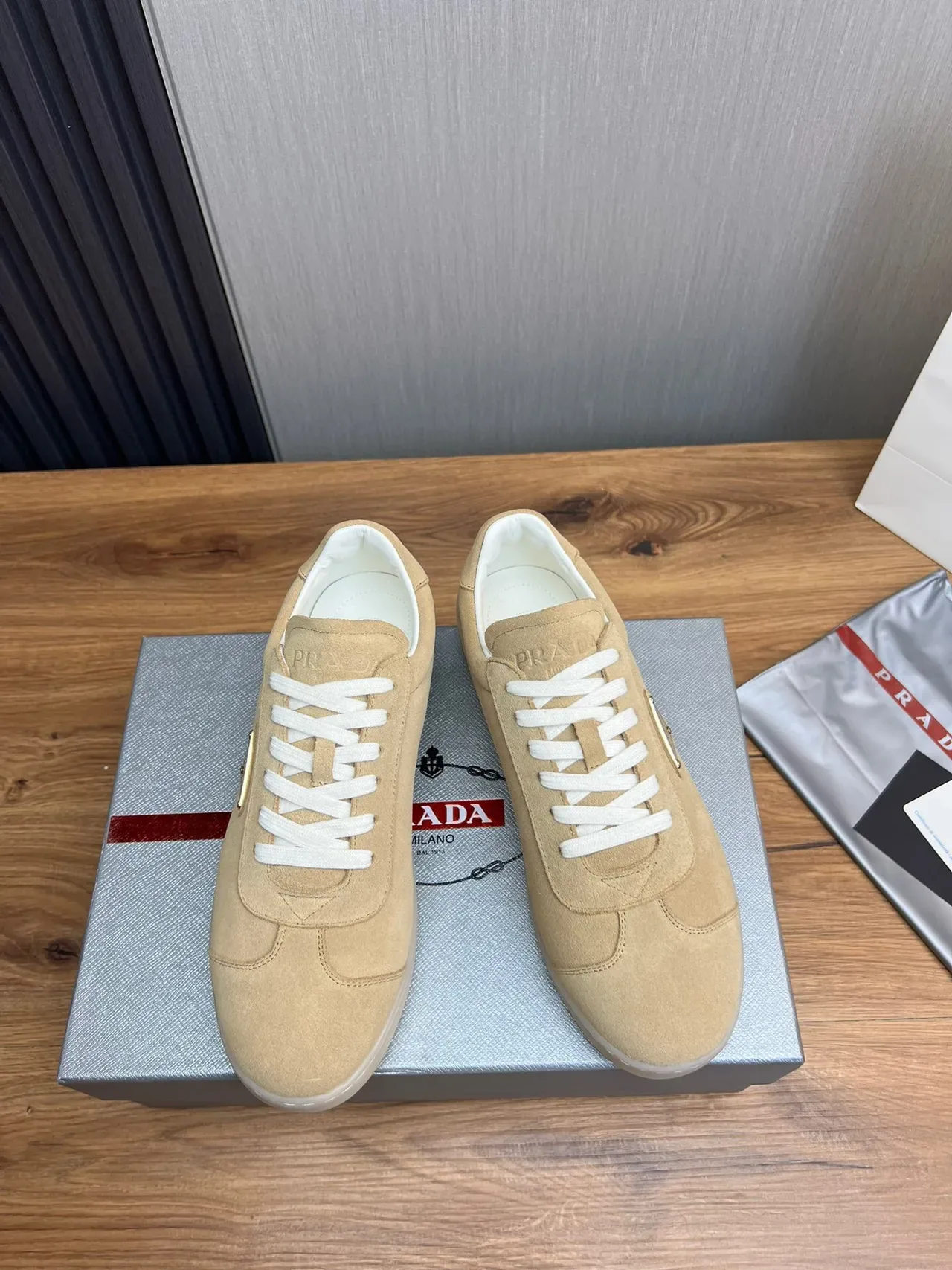 Prada Beige White Suede Upper Triangular Metal Logo Plaque Lifestyle Sneakers 2