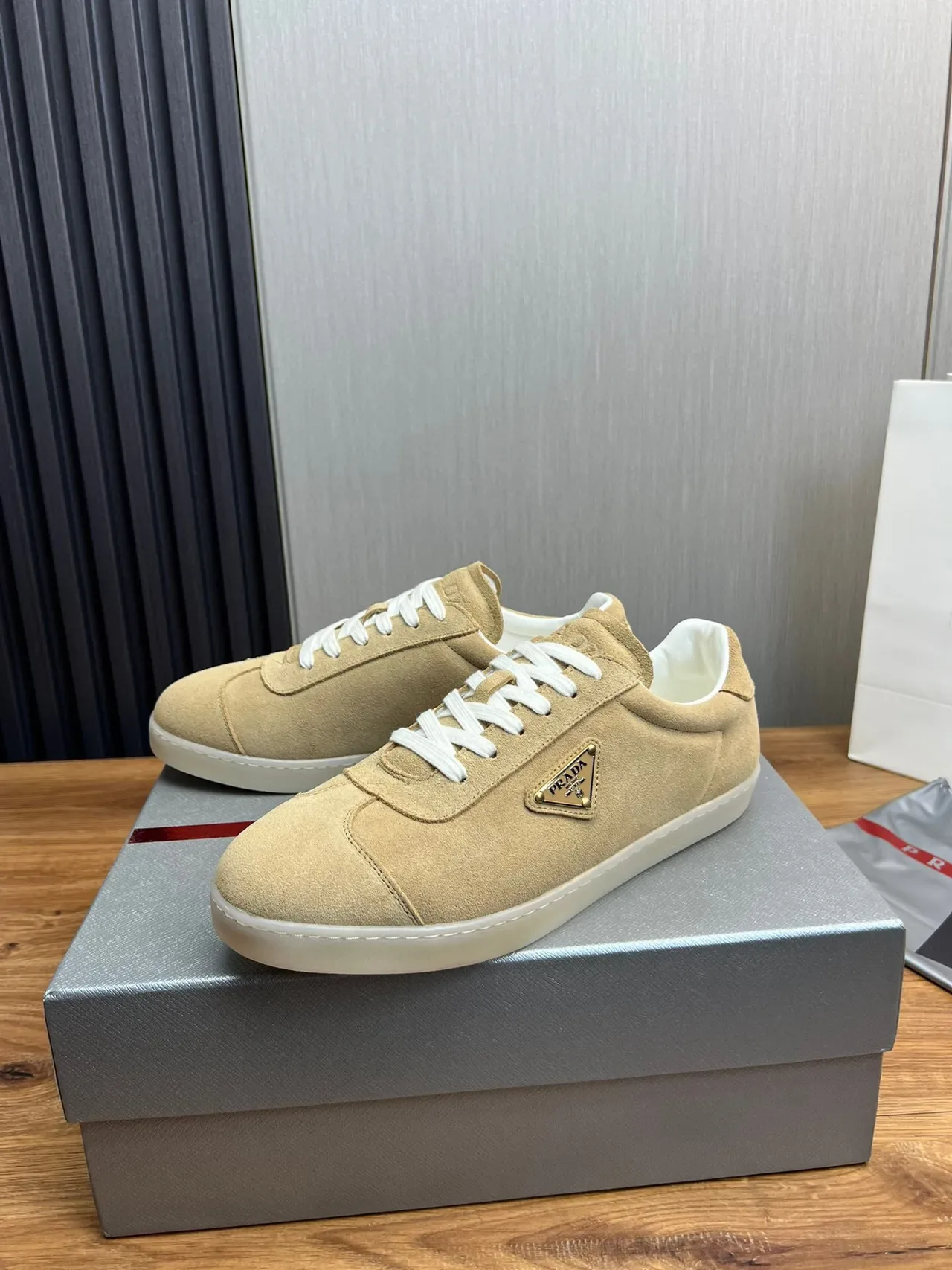 Prada Beige White Suede Upper Triangular Metal Logo Plaque Lifestyle Sneakers 3