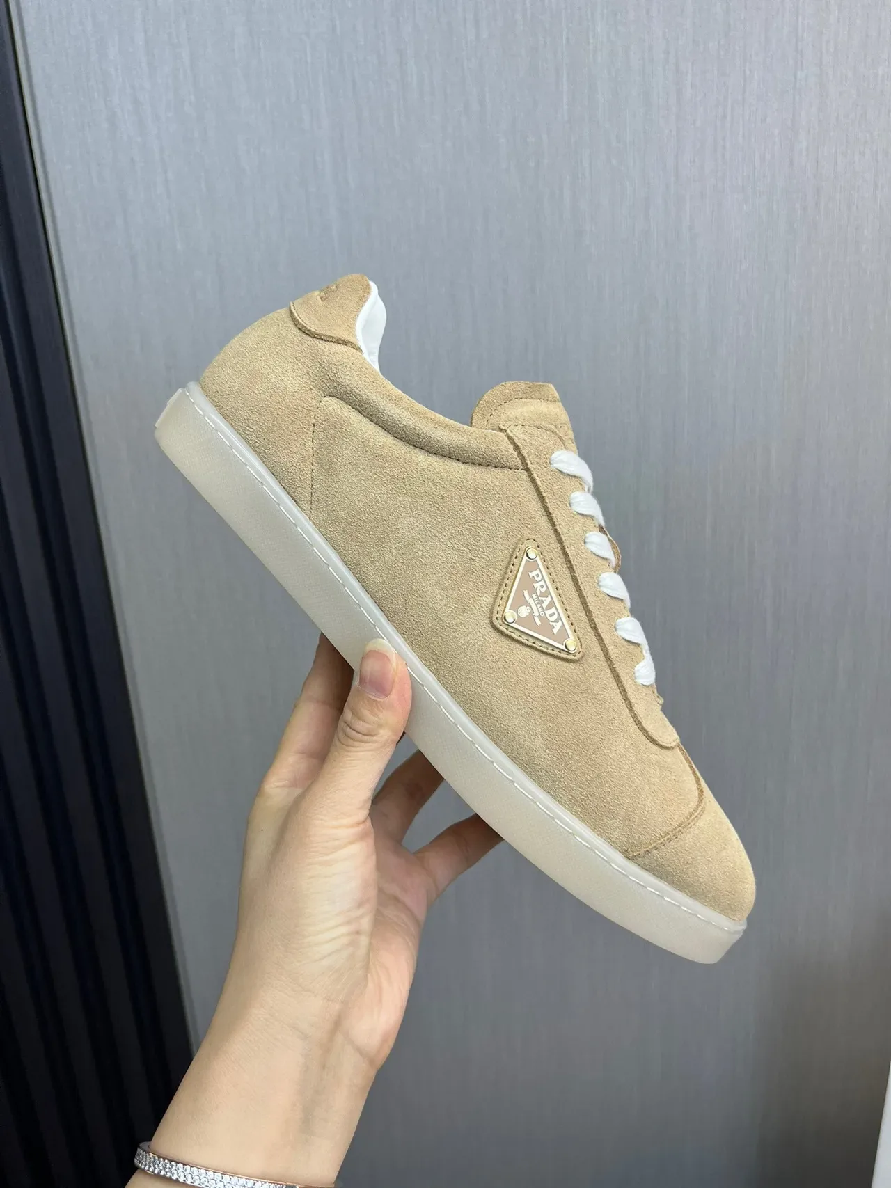 Prada Beige White Suede Upper Triangular Metal Logo Plaque Lifestyle Sneakers 4