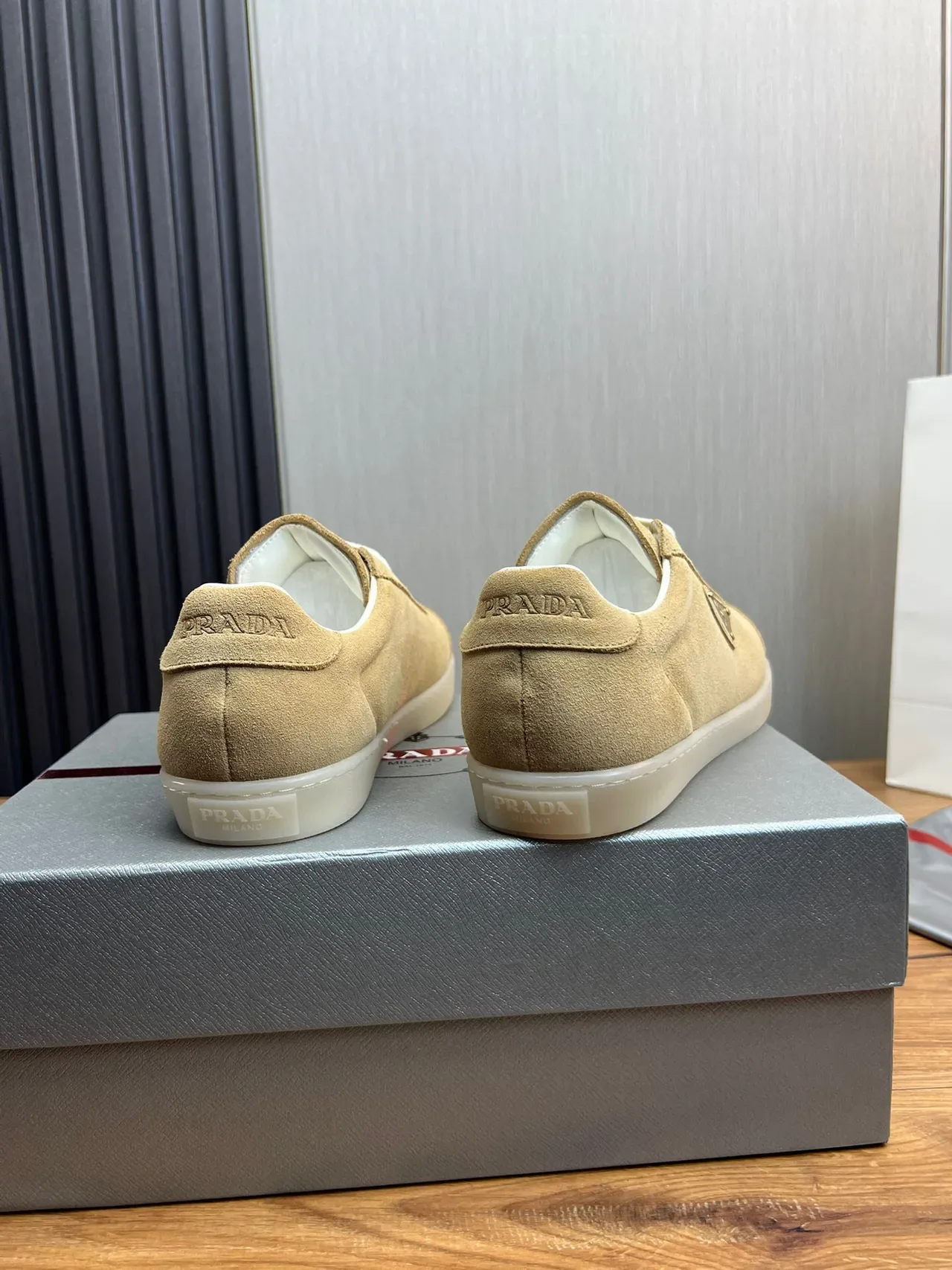 Prada Beige White Suede Upper Triangular Metal Logo Plaque Lifestyle Sneakers 5