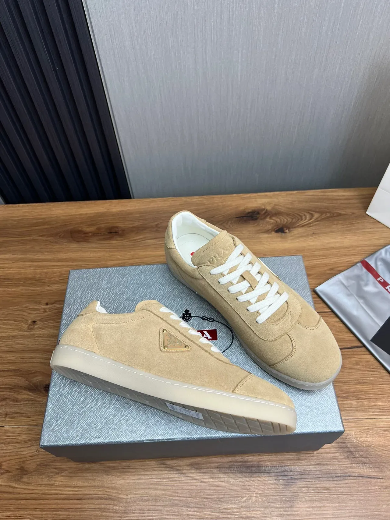 Prada Beige White Suede Upper Triangular Metal Logo Plaque Lifestyle Sneakers 6