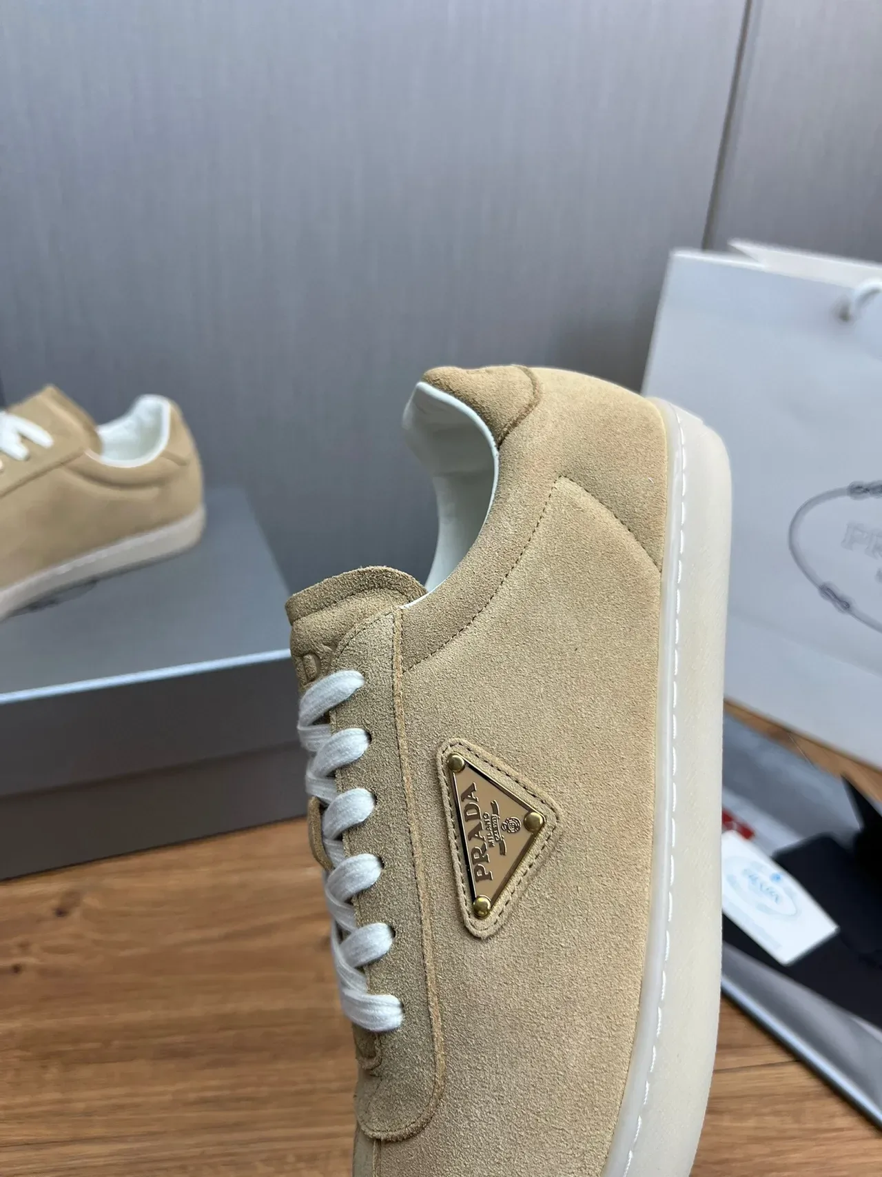 Prada Beige White Suede Upper Triangular Metal Logo Plaque Lifestyle Sneakers 8