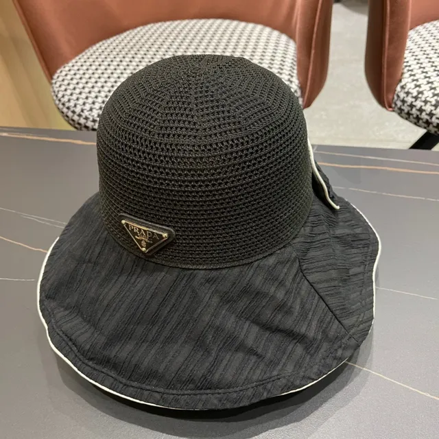 Prada Black Beige Nylon Interior Off-White Contrast Trim Bucket Hat 4