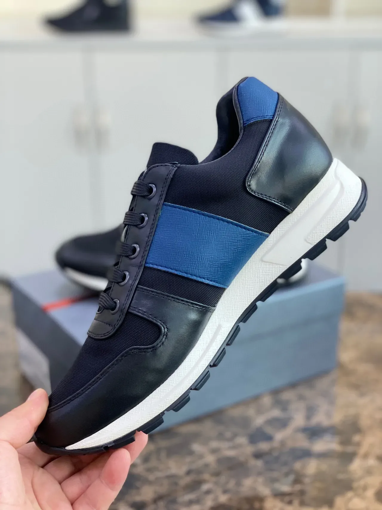 Prada Black Blue Mixed-Material Upper Side Stripe Lifestyle Sneakers 2