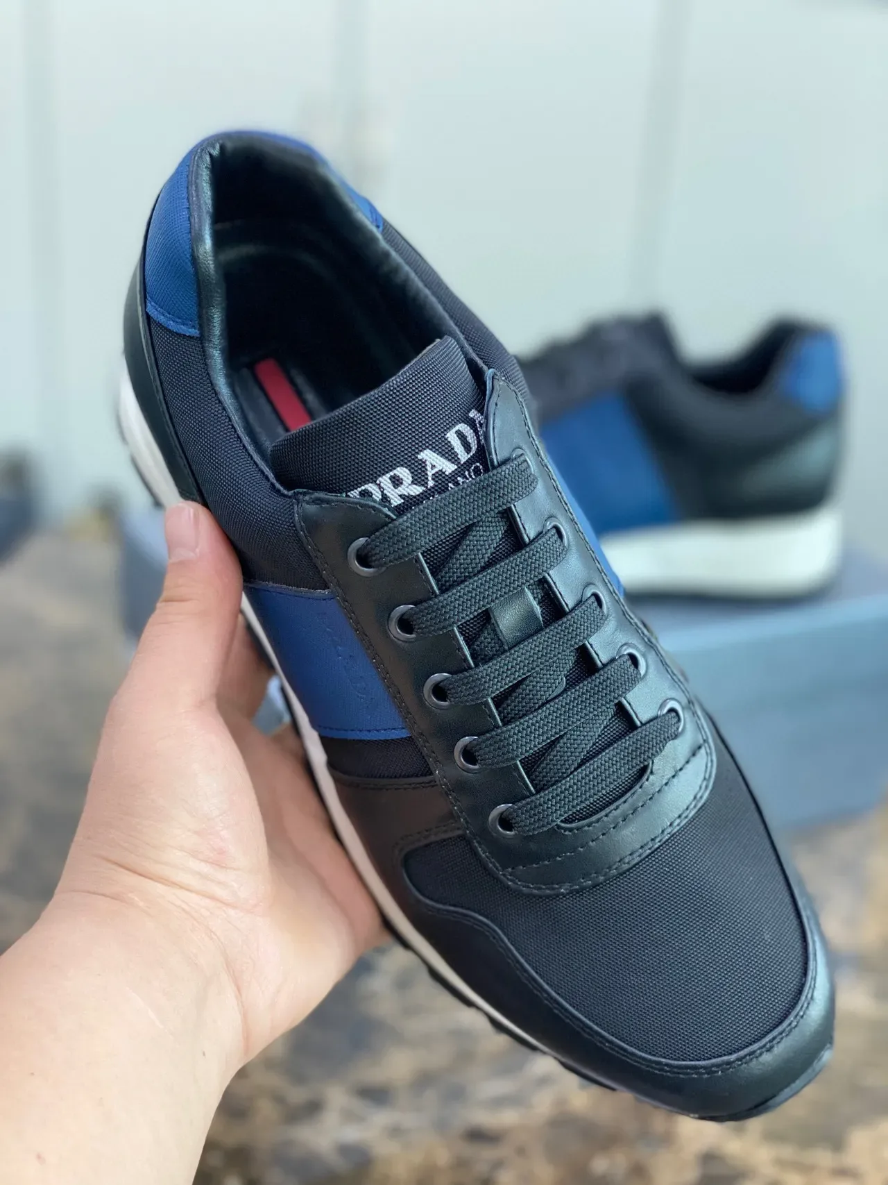 Prada Black Blue Mixed-Material Upper Side Stripe Lifestyle Sneakers 3
