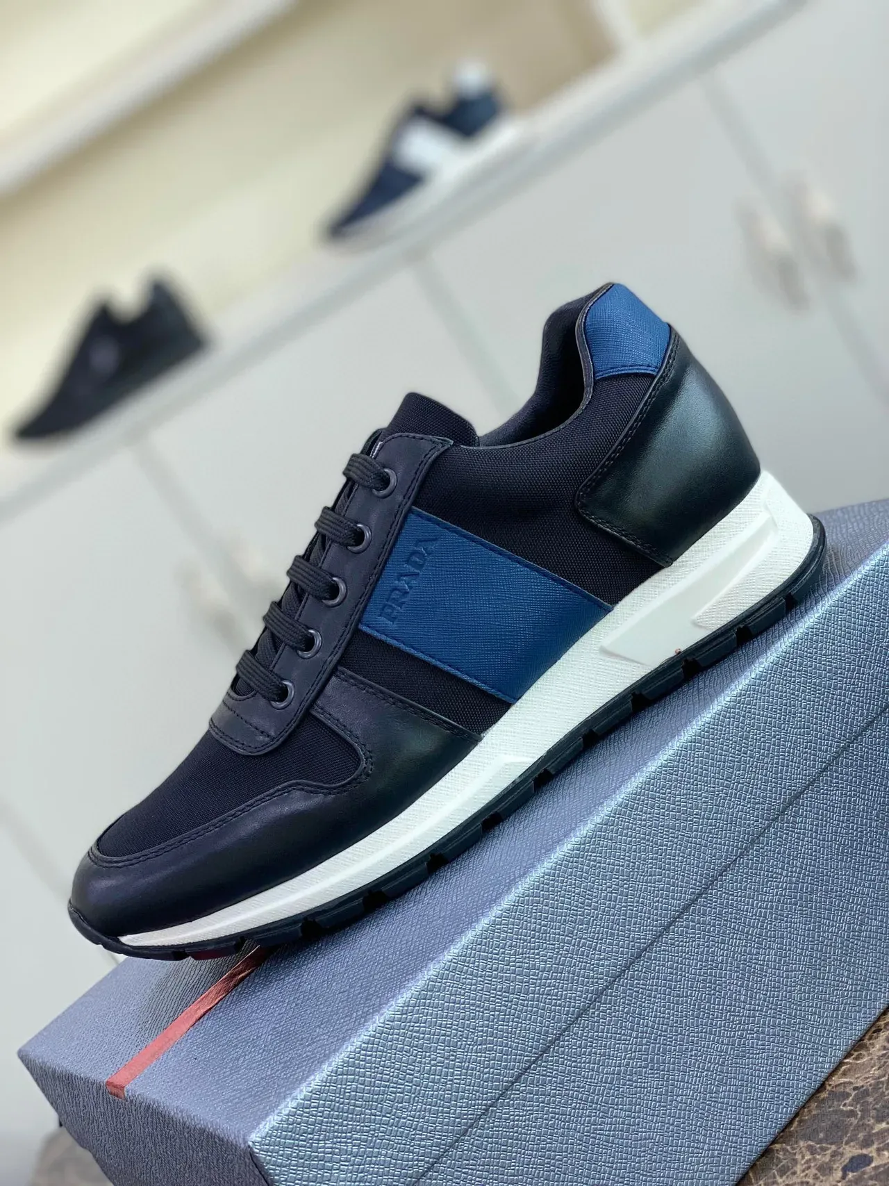 Prada Black Blue Mixed-Material Upper Side Stripe Lifestyle Sneakers 5