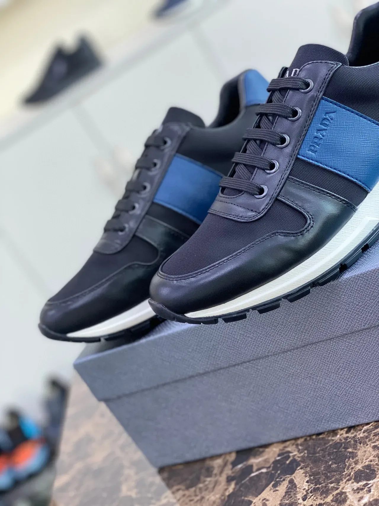 Prada Black Blue Mixed-Material Upper Side Stripe Lifestyle Sneakers 6