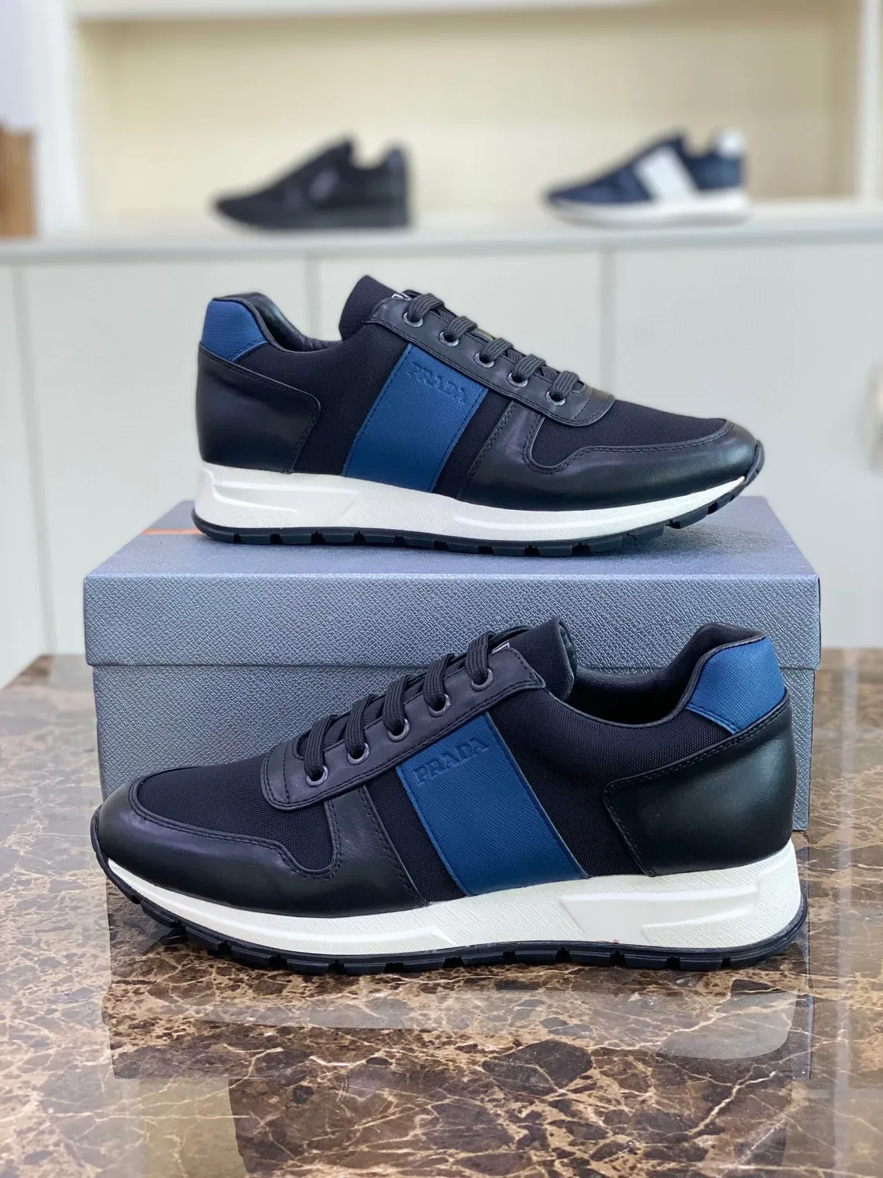 Prada Black Blue Mixed-Material Upper Side Stripe Lifestyle Sneakers 7