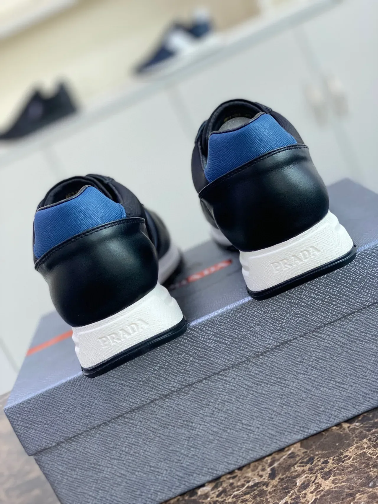 Prada Black Blue Mixed-Material Upper Side Stripe Lifestyle Sneakers 8