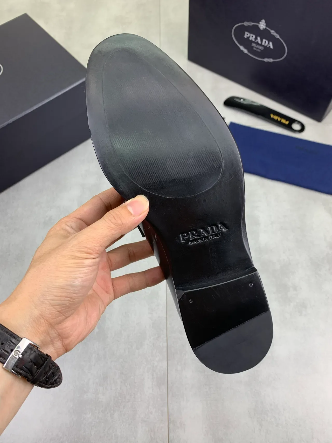 Prada Black Glossy Leather Metal Triangular Logo Plaque Loafer 3