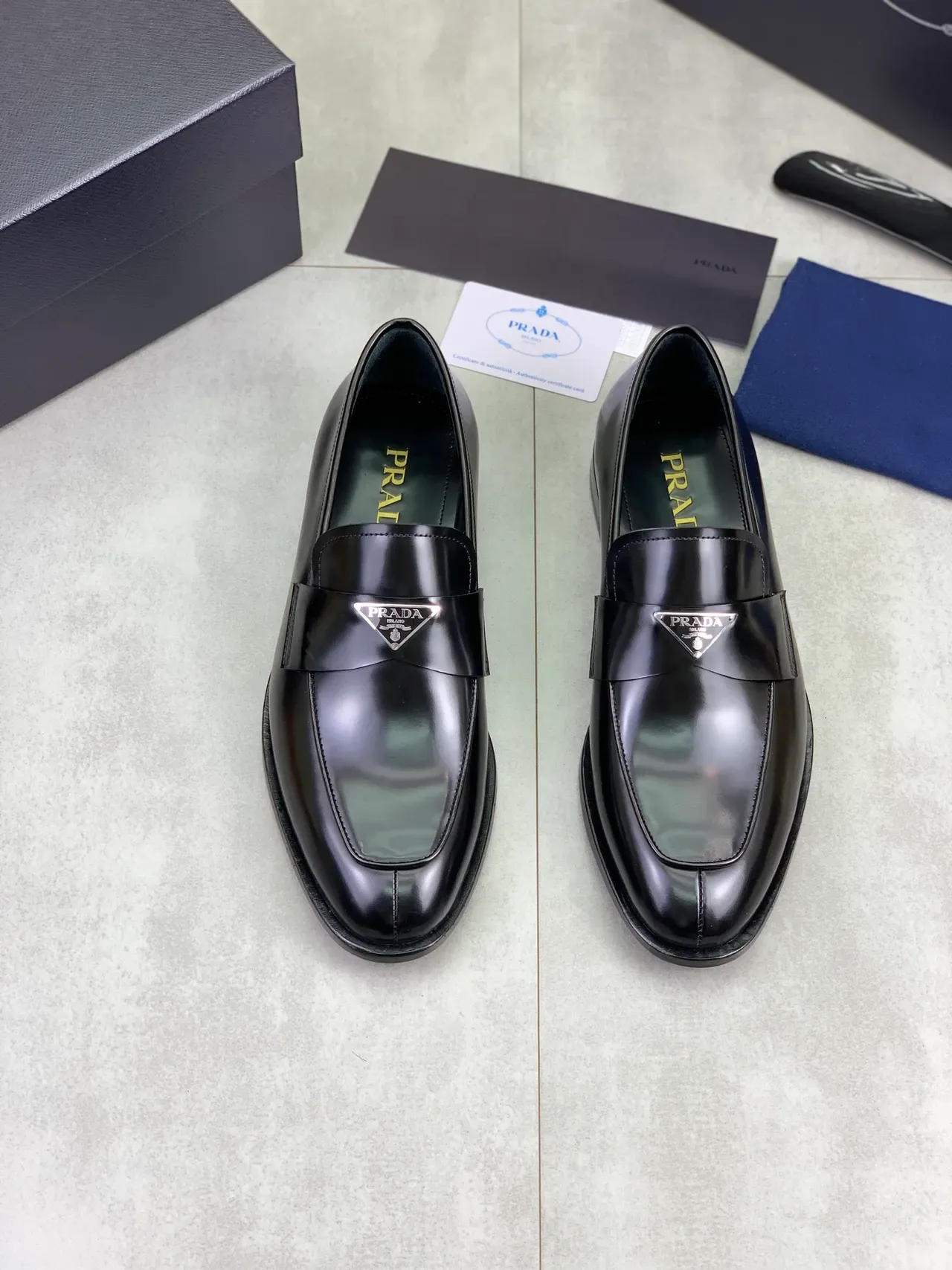 Prada Black Glossy Leather Metal Triangular Logo Plaque Loafer 5
