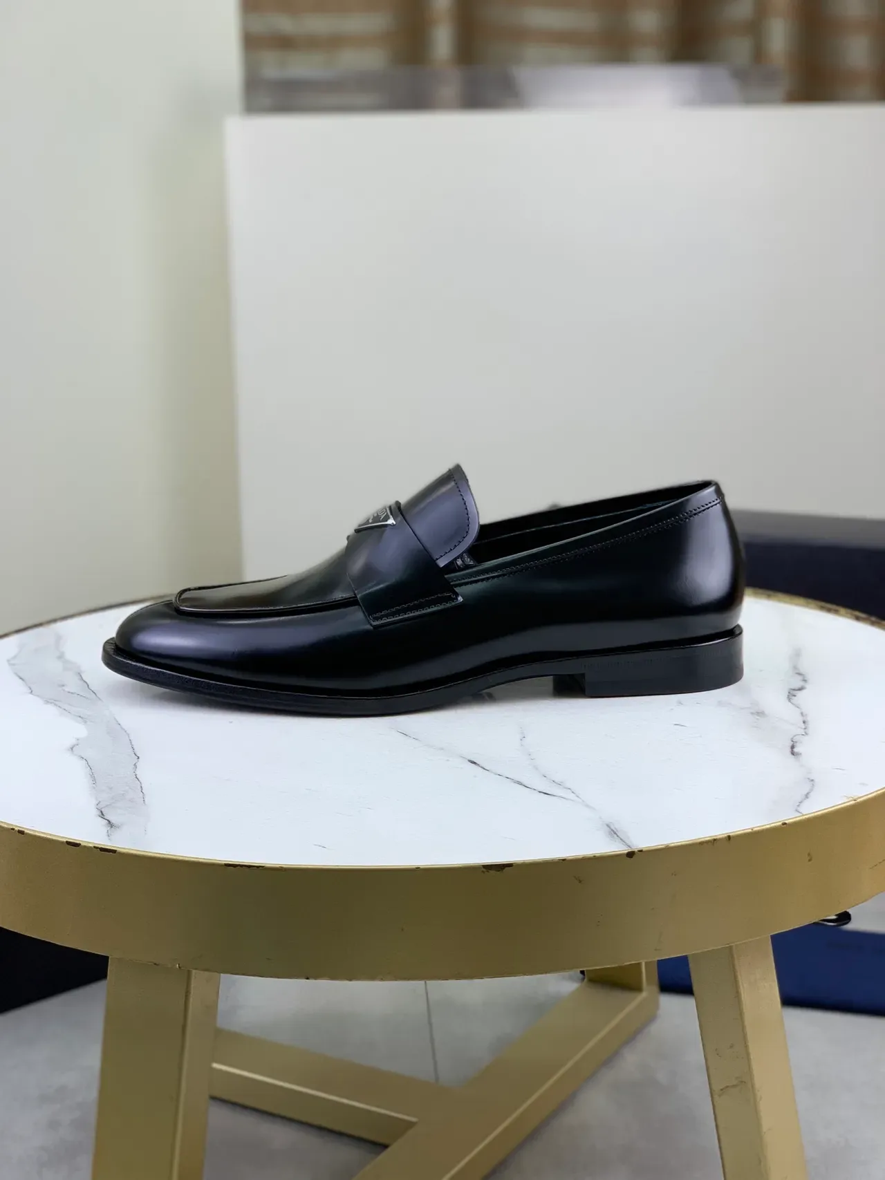 Prada Black Glossy Leather Metal Triangular Logo Plaque Loafer 6