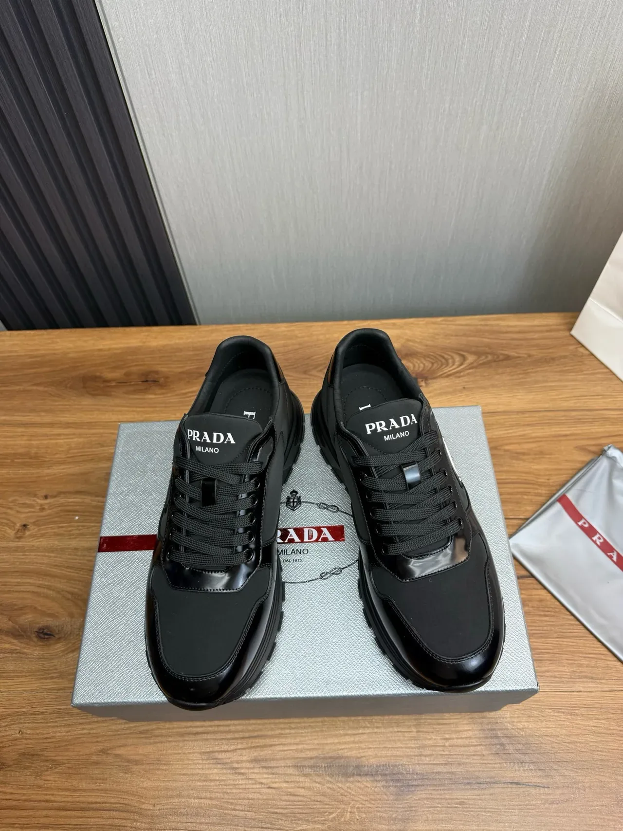 Prada Black Glossy Patent Toe Cap Matte Leather Side Panels Lifestyle Sneakers 2