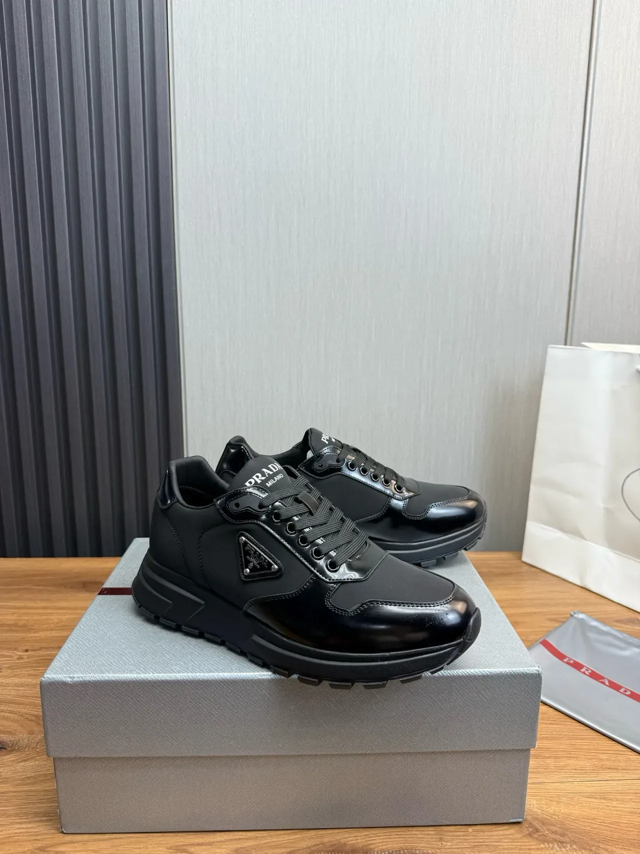 Prada Black Glossy Patent Toe Cap Matte Leather Side Panels Lifestyle Sneakers 3