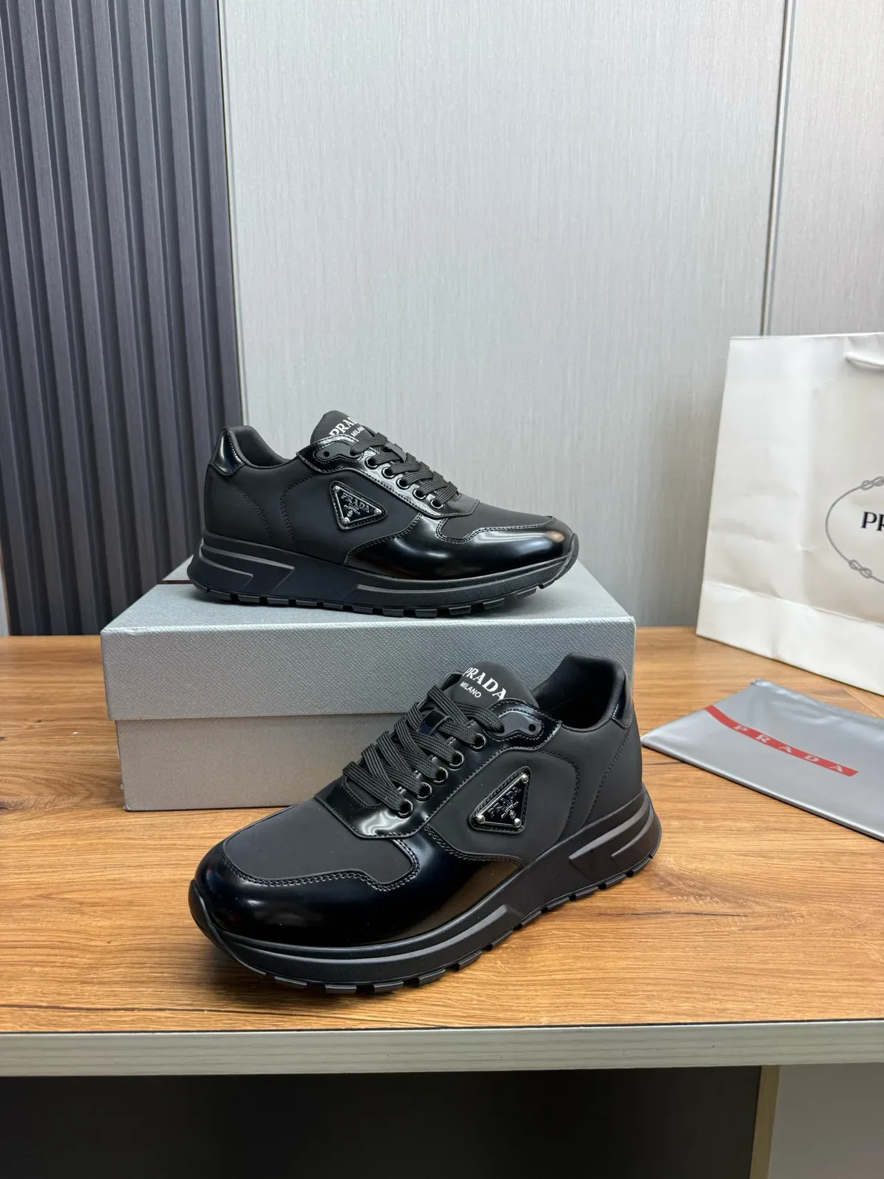 Prada Black Glossy Patent Toe Cap Matte Leather Side Panels Lifestyle Sneakers 4