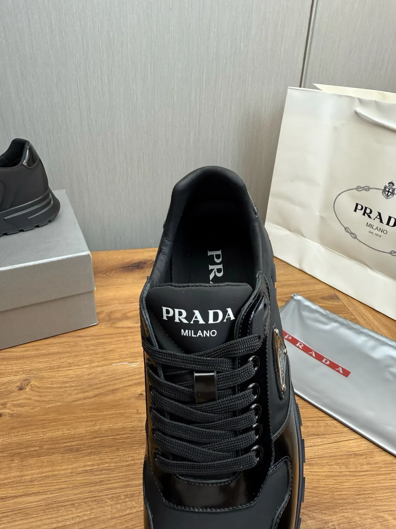 Prada Black Glossy Patent Toe Cap Matte Leather Side Panels Lifestyle Sneakers 8