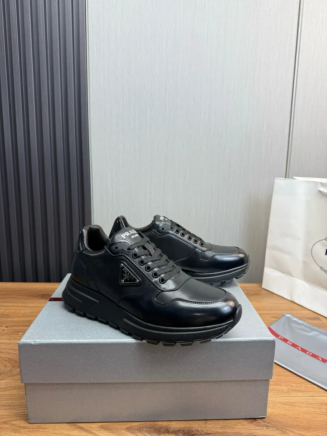 Prada Black Glossy Patent Toe Cap Matte Leather Side Panels Lifestyle Sneakers 9