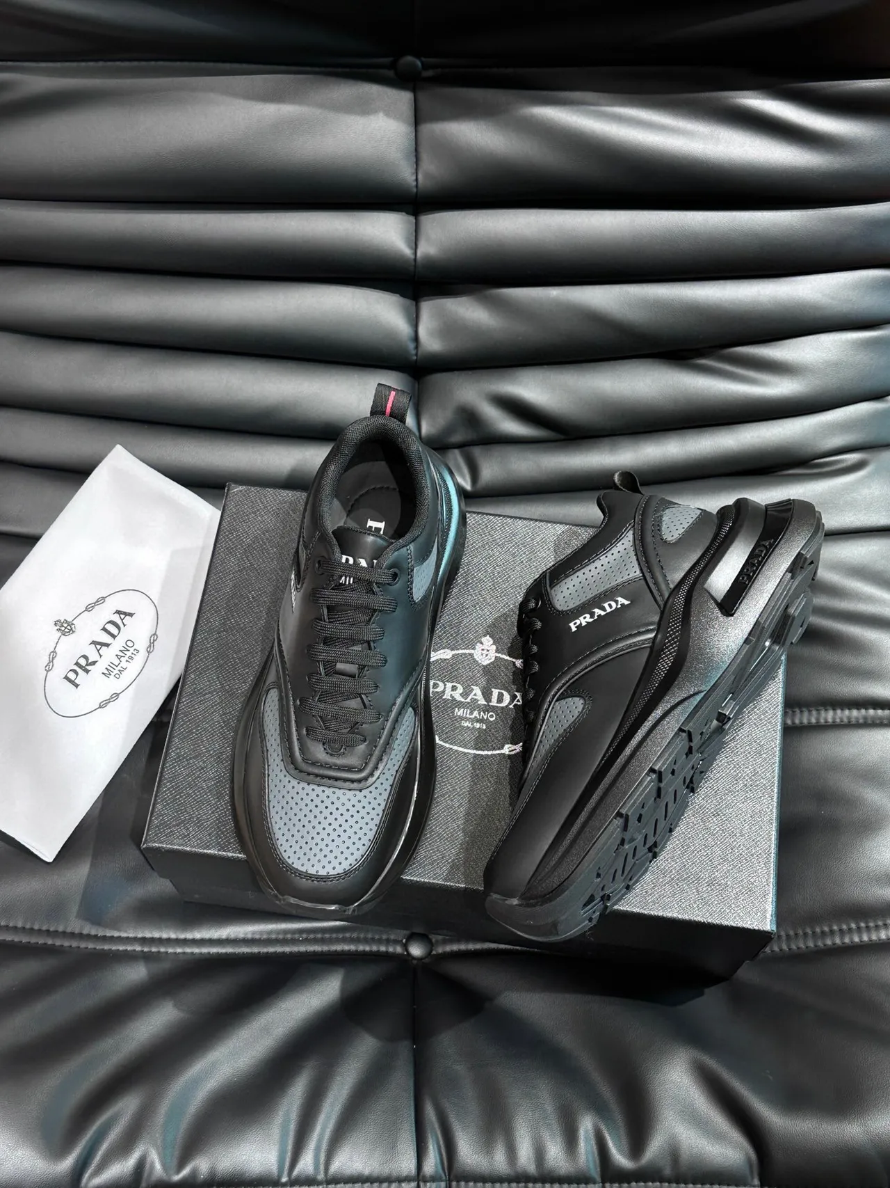 Prada Black Gray Layered Leather Upper Perforated Mesh Toe Box Lifestyle Sneakers 2