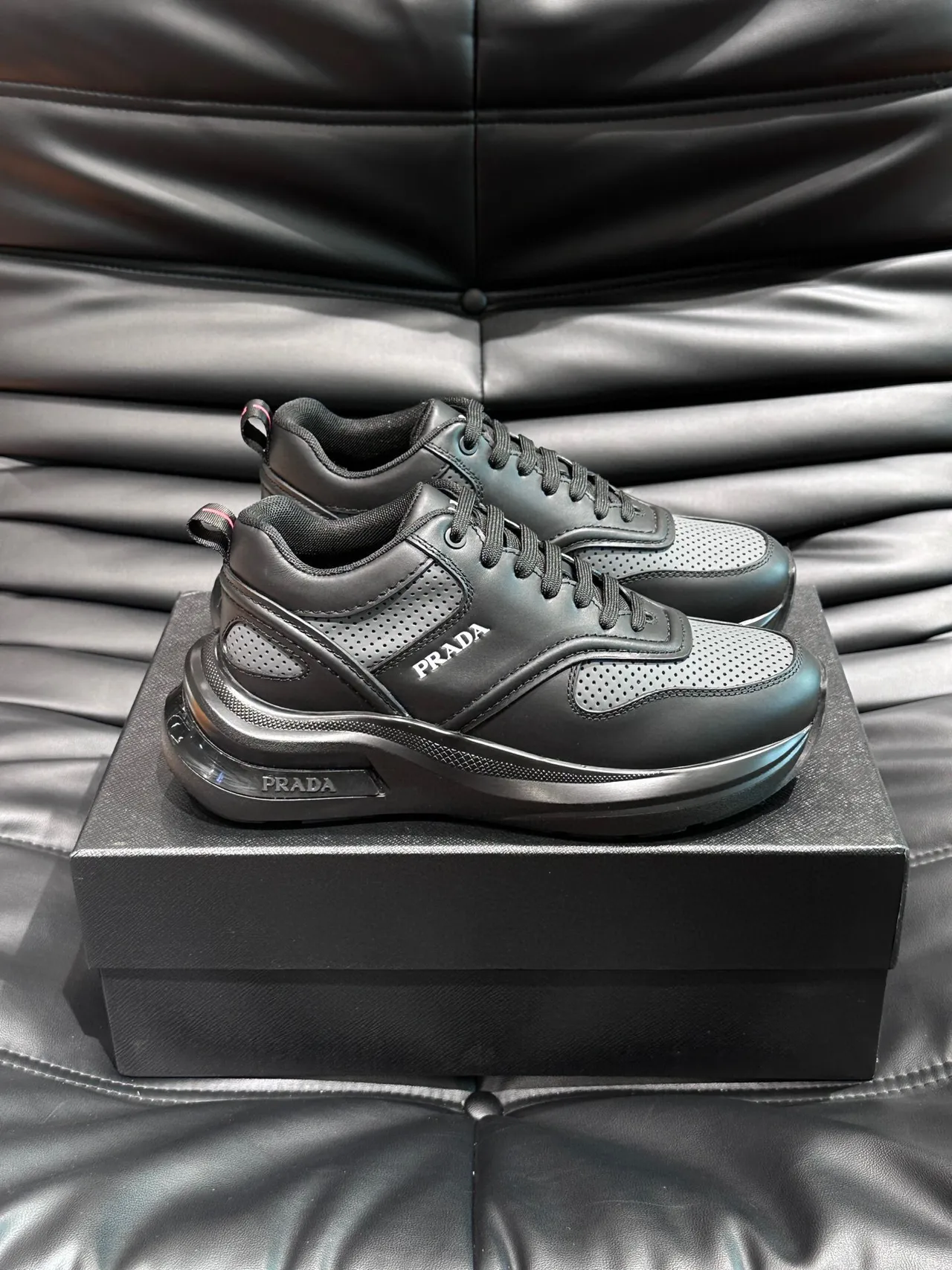 Prada Black Gray Layered Leather Upper Perforated Mesh Toe Box Lifestyle Sneakers 3