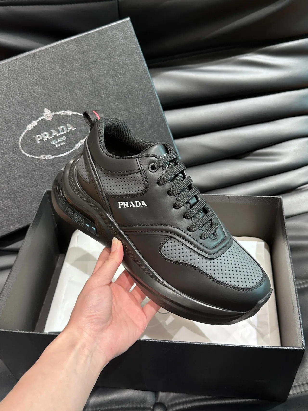 Prada Black Gray Layered Leather Upper Perforated Mesh Toe Box Lifestyle Sneakers 5