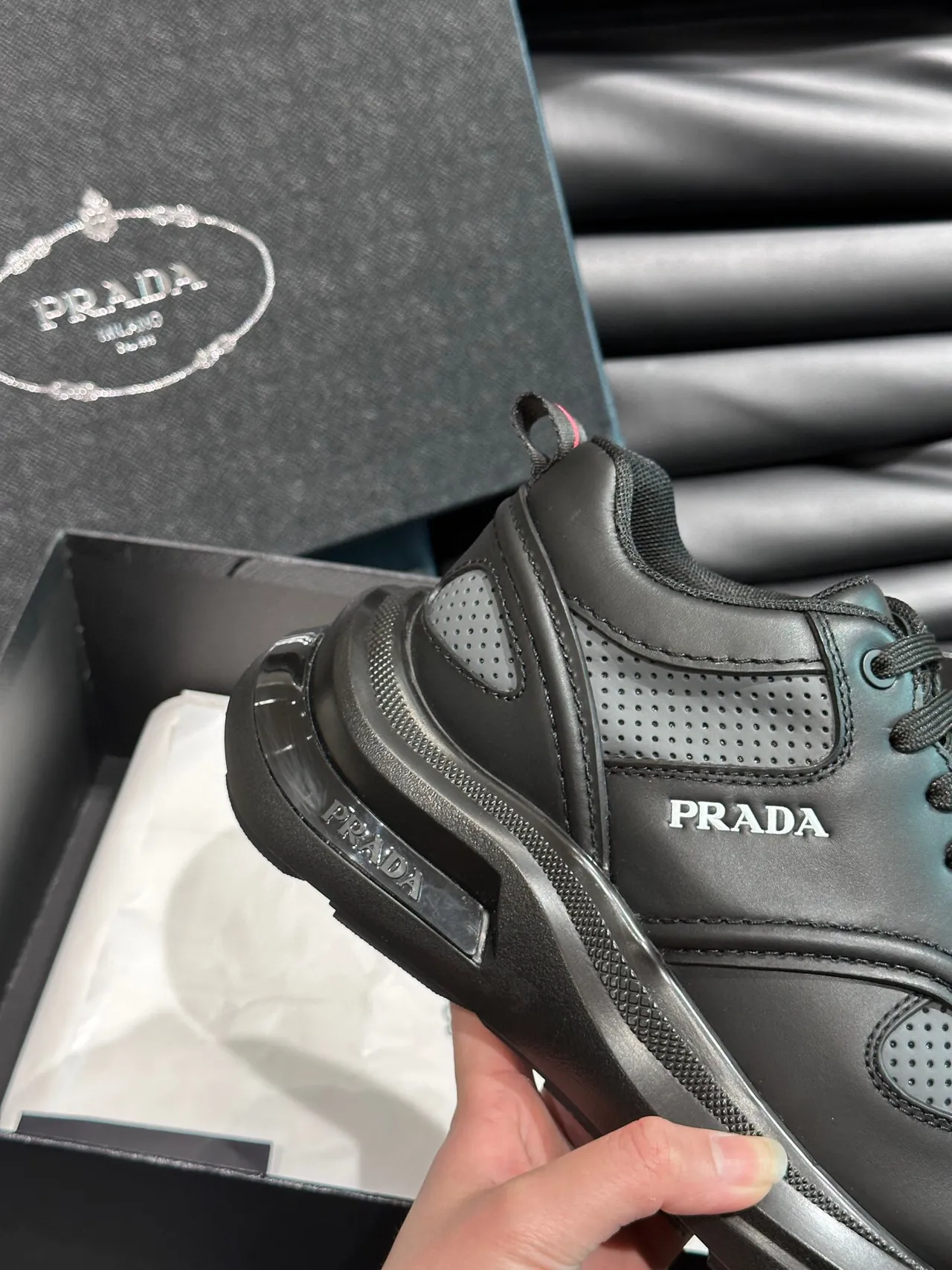 Prada Black Gray Layered Leather Upper Perforated Mesh Toe Box Lifestyle Sneakers 6