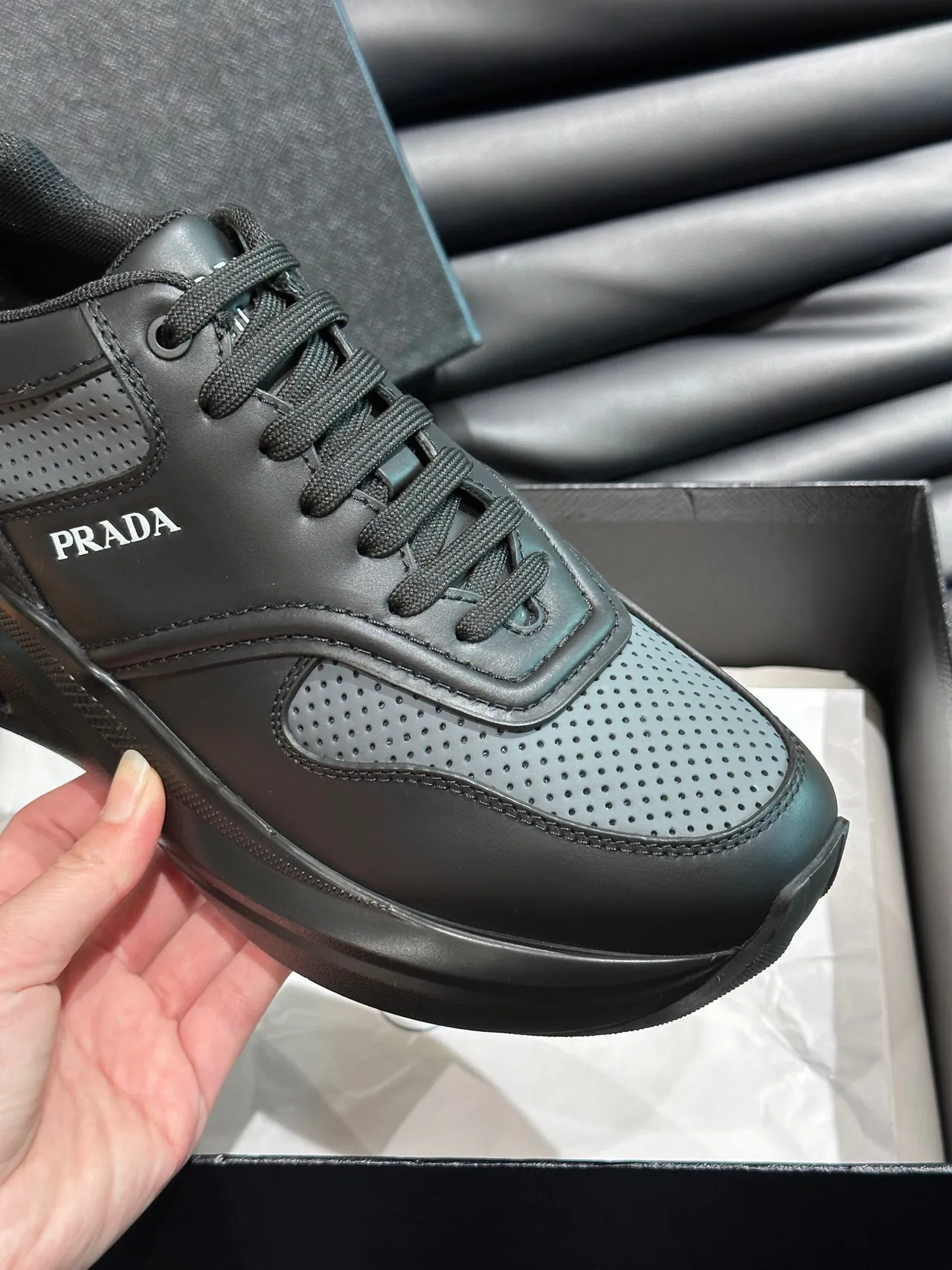 Prada Black Gray Layered Leather Upper Perforated Mesh Toe Box Lifestyle Sneakers 7