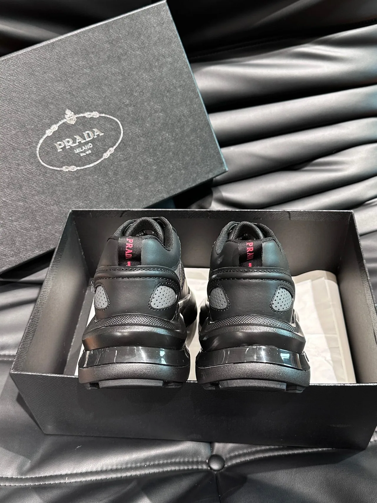 Prada Black Gray Layered Leather Upper Perforated Mesh Toe Box Lifestyle Sneakers 8