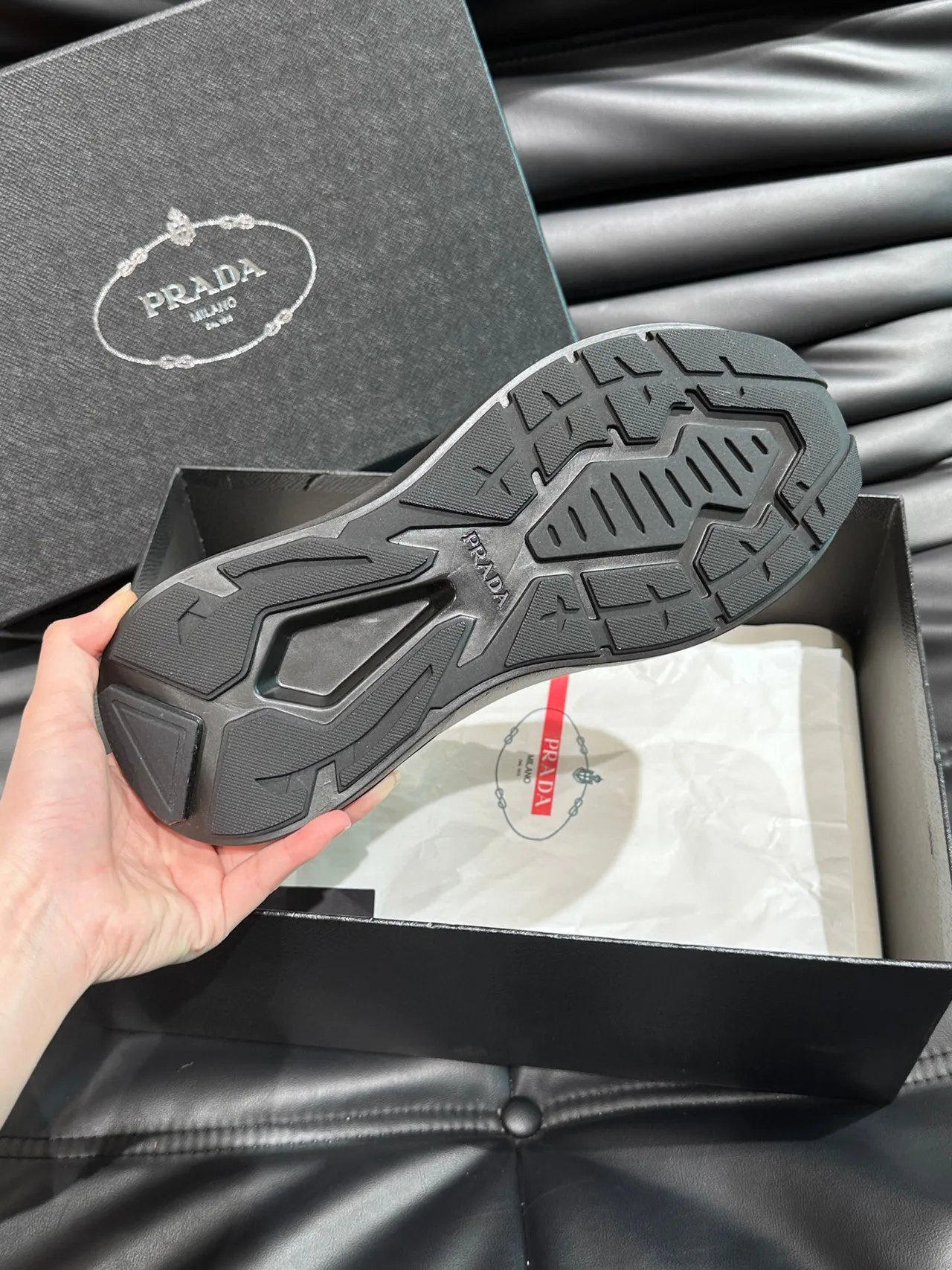 Prada Black Gray Layered Leather Upper Perforated Mesh Toe Box Lifestyle Sneakers 9