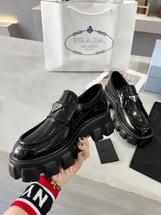 Prada Black Patent Leather Chunky Lug Sole Loafer 6