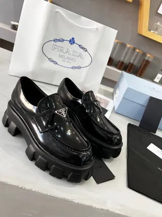 Prada Black Patent Leather Chunky Lug Sole Loafer 7