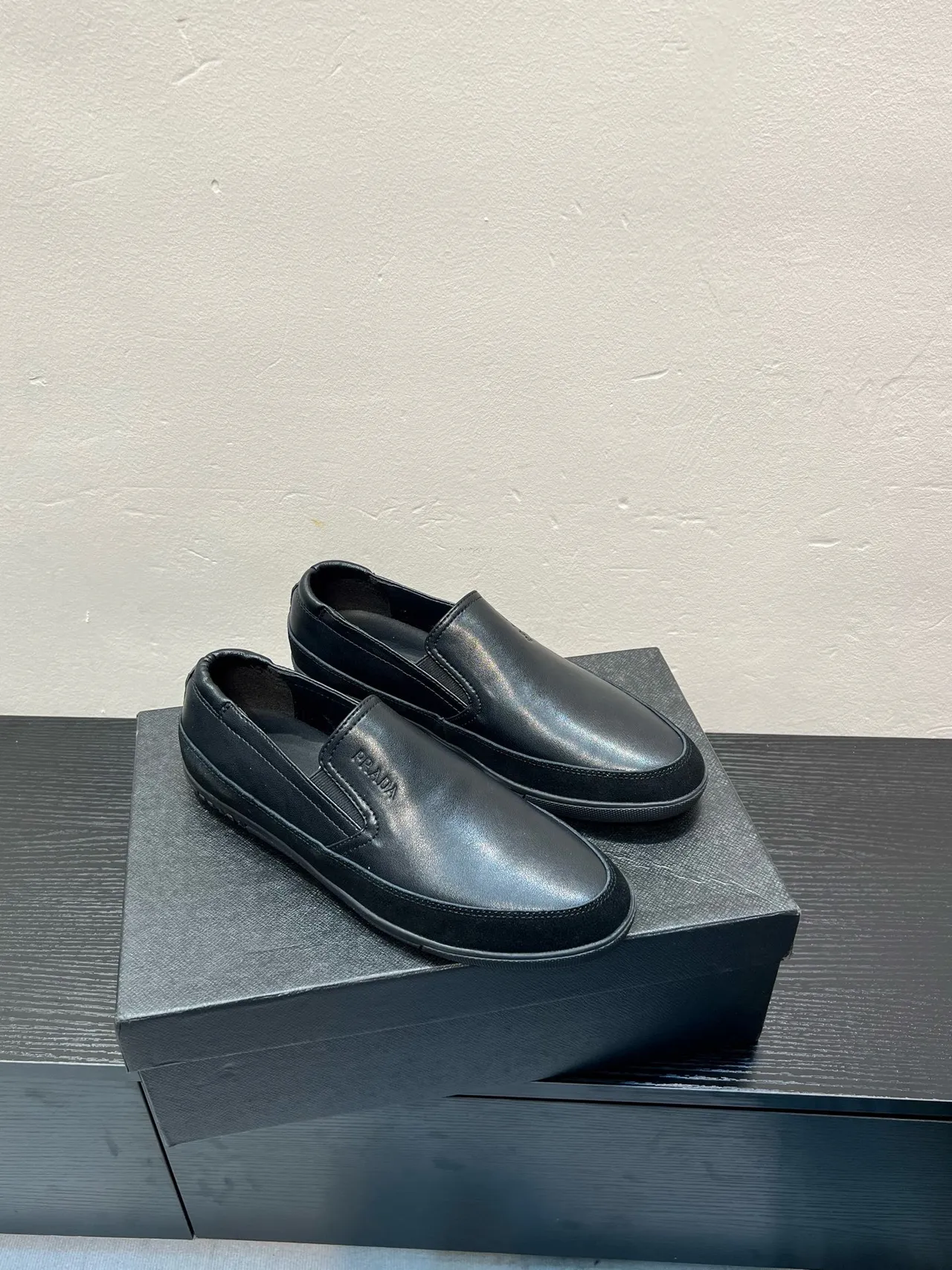 Prada Black Smooth Leather Slip-On Construction Loafer 4