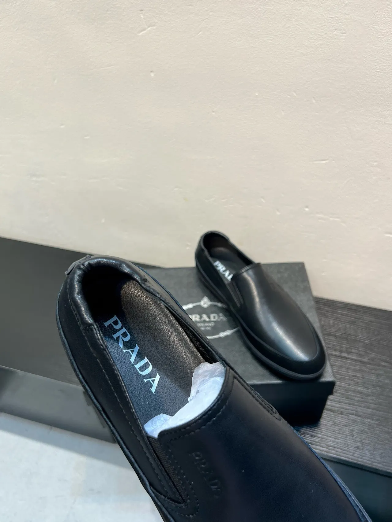 Prada Black Smooth Leather Slip-On Construction Loafer 6
