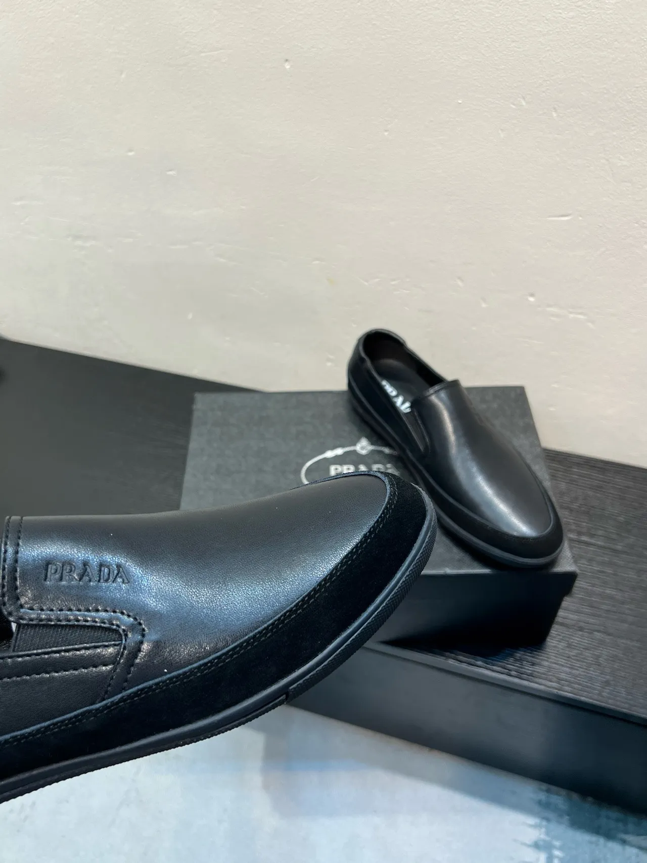 Prada Black Smooth Leather Slip-On Construction Loafer 7