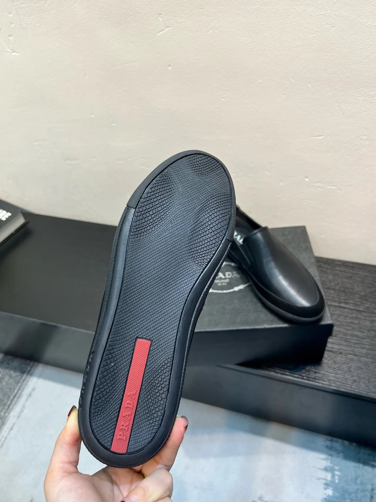 Prada Black Smooth Leather Slip-On Construction Loafer 8