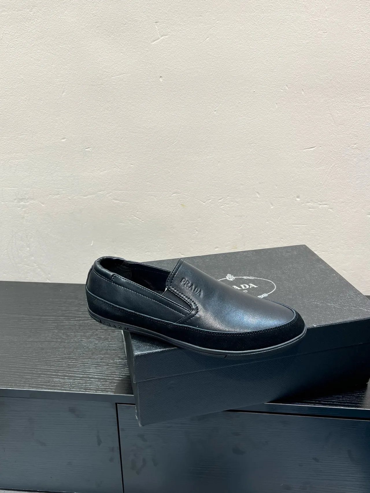 Prada Black Smooth Leather Slip-On Construction Loafer 9
