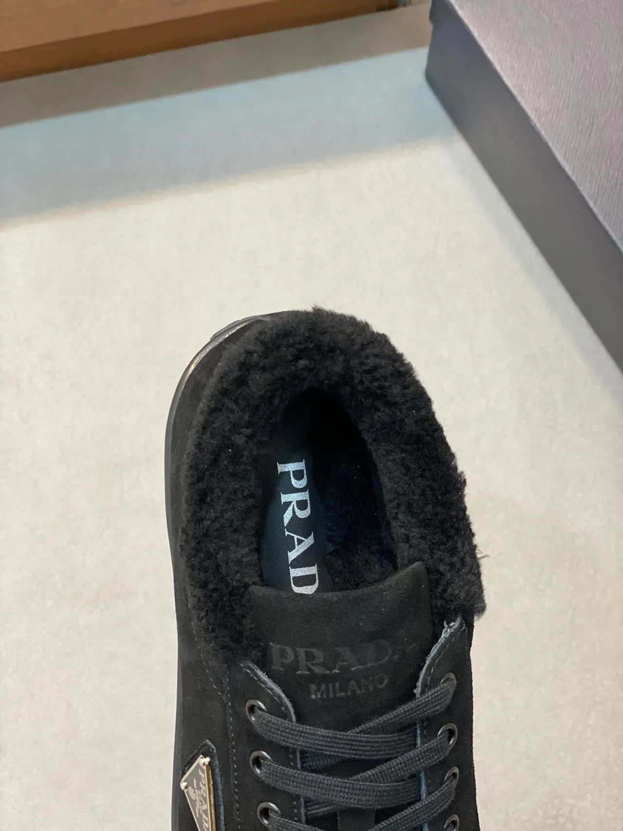 Prada Black Suede Shearling-Collar Lifestyle Sneakers 4