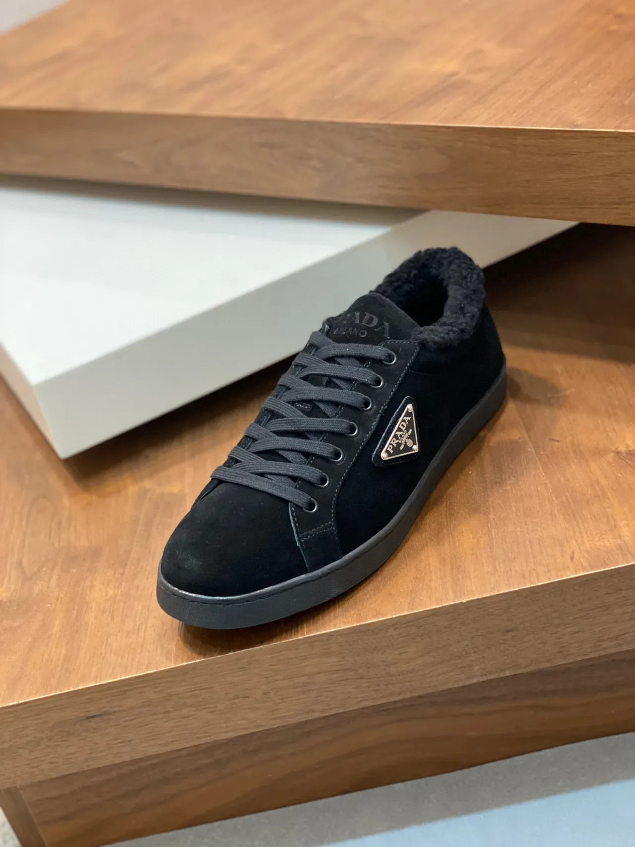 Prada Black Suede Shearling-Collar Lifestyle Sneakers 5