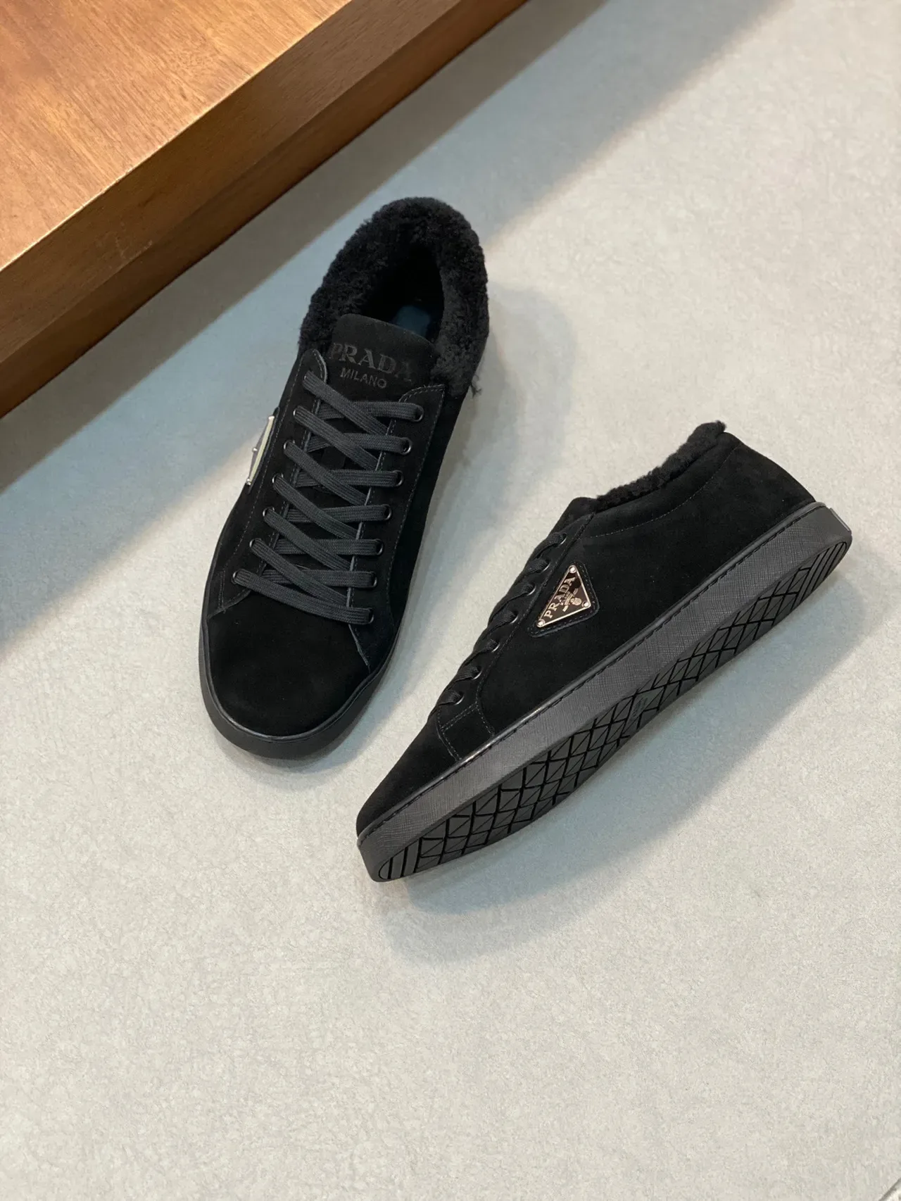 Prada Black Suede Shearling-Collar Lifestyle Sneakers 6